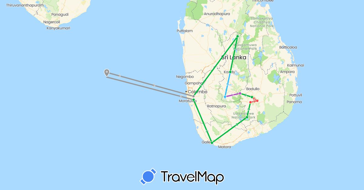 TravelMap itinerary: bus, plane, train, hiking, boat in Sri Lanka (Asia)
